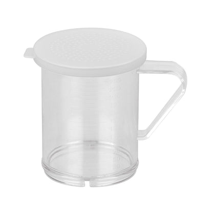 Durable polycarbonate 10oz dredge with clear 1mm lid, break-resistant, easy to clean, transparent for quick ID, ideal for commercial kitchens, packed 48 sets per case for efficient prep.