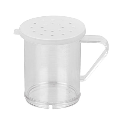 Durable 10oz polycarbonate dredge with clear 4mm lid, break-resistant, easy to clean, transparent for visibility, ideal for coarse ingredients, packed 48 sets per case for commercial use.