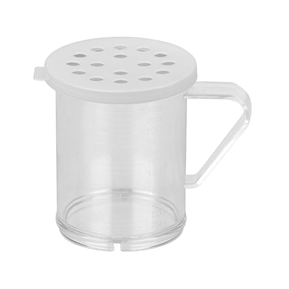 Durable 10oz polycarbonate dredge with clear 7mm lid, break-resistant, easy to clean, transparent for quick ID, ideal for coarse ingredients, packed 48 sets per case for commercial kitchens.