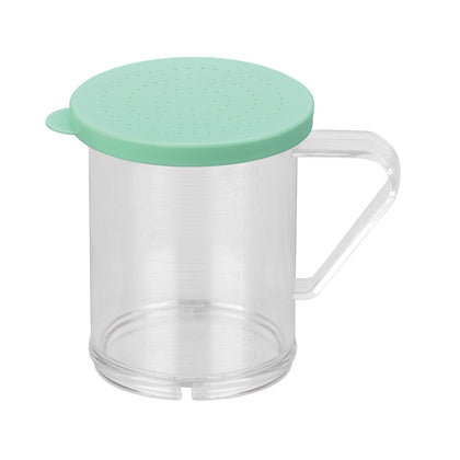 Durable 10oz polycarbonate dredge with green 0.5mm lid, break-resistant, color-coded, easy to clean, ideal for fine powders, packed 48 sets per case for efficient commercial kitchen use.