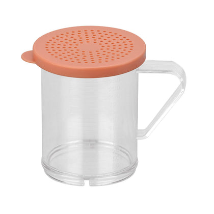 Durable 10oz polycarbonate dredge with red 2mm lid, color-coded, break-resistant, easy to clean, perfect for medium-grain spices, packed 48 sets per case for commercial kitchen efficiency.
