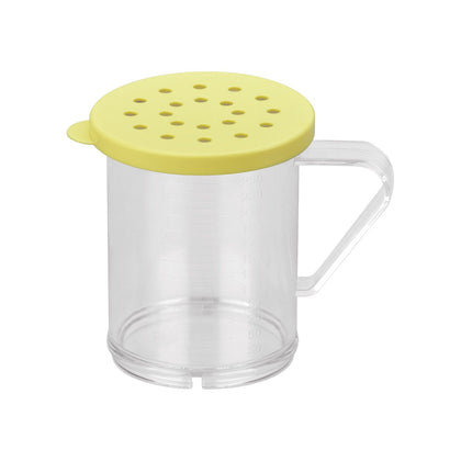Durable 10oz polycarbonate dredge with yellow 4mm lid, break-resistant, color-coded, easy to clean, ideal for coarse spices and herbs, packed 48 sets per case for commercial kitchen efficiency.