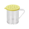 Durable 10oz polycarbonate dredge with yellow 4mm lid, break-resistant, color-coded, easy to clean, ideal for coarse spices and herbs, packed 48 sets per case for commercial kitchen efficiency.