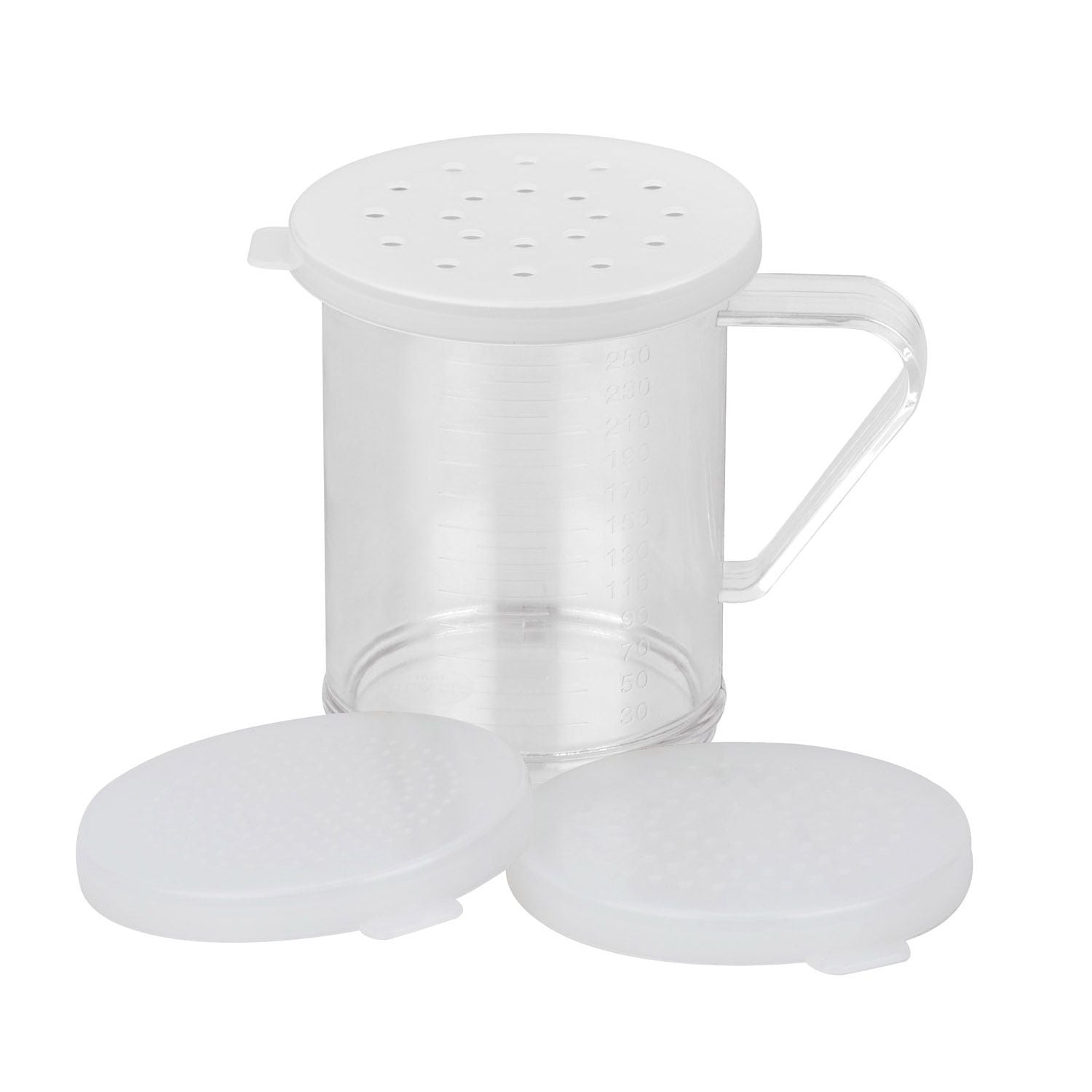 Durable 3-piece polycarbonate dredge set with 10oz capacity and clear lids, break-resistant, easy to clean, transparent for quick ID, packed 48 sets per case for commercial kitchen use.