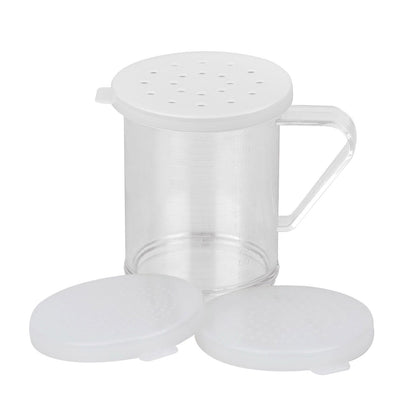 Durable 3-piece polycarbonate dredge set with 10oz capacity and clear lids, break-resistant, easy to clean, transparent for quick ID, packed 48 sets per case for commercial kitchen use.