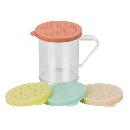 Durable polycarbonate 10oz dredge set with colored lids, 4-piece, easy to clean, break-resistant, ideal for commercial kitchens, packed 48 sets per case for organized ingredient handling.