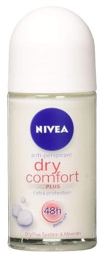 Nivea Roll-On Dry Comfort, 50ml, gentle underarm deodorant providing long-lasting dryness, odor protection, and soft skin.