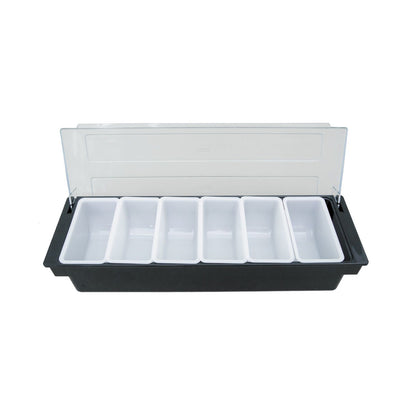 Durable 6-compartment plastic condiment holder, ideal for organizing sauces and condiments in foodservice settings; easy to clean, stackable, and space-saving. Case packed 6, qty break 6 each.