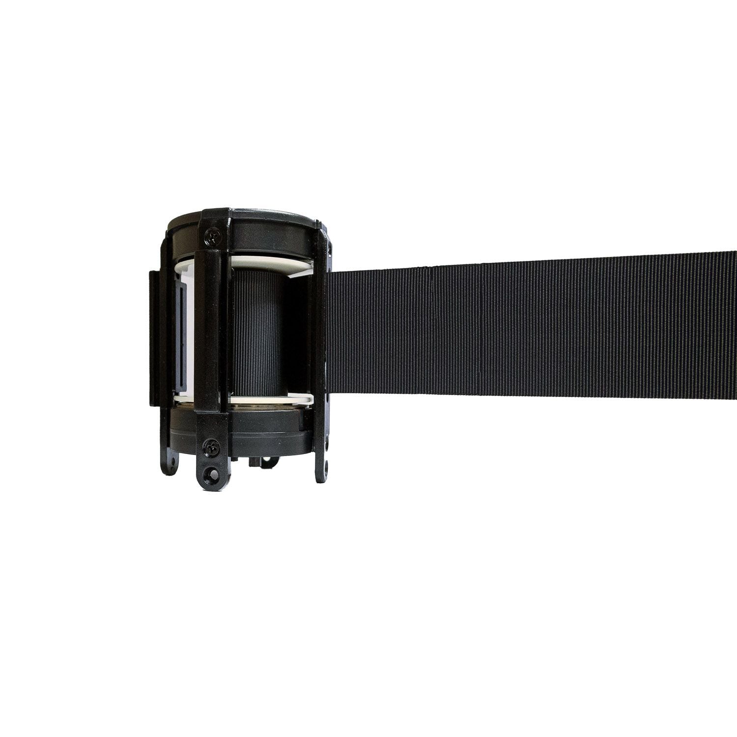 Durable belt head for metal stanchions in black or silver, with smooth retraction, secure locking, and impact-resistant design; case packed 48, qty break 2 each.