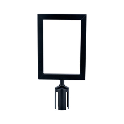 Durable black metal stanchion sign frame with sleek finish and scratch resistance, ideal for signage display in events, retail, and offices; case pack 4, qty break 4 each.