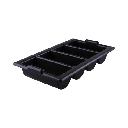 Durable plastic 4-compartment cutlery bin with reinforced sides and easy-grip handles. Ideal for organizing flatware in commercial kitchens, catering, or self-service food stations.