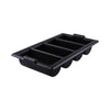 Durable plastic 4-compartment cutlery bin with reinforced sides and easy-grip handles. Ideal for organizing flatware in commercial kitchens, catering, or self-service food stations.