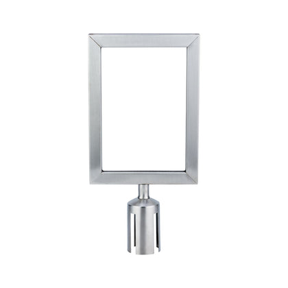 Durable stainless steel silver stanchion sign frame with polished finish and scratch resistance, perfect for signage in commercial settings; case pack 4, qty break 4 each.