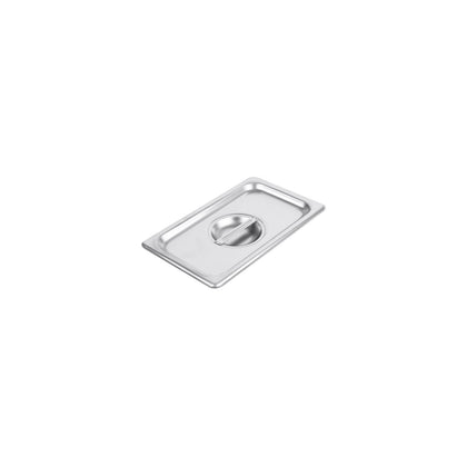 Durable stainless steel solid 1/4 steam pan cover ideal for food protection, heat retention, and commercial kitchen use. Easy to clean. Packed 72 each per case for convenience.