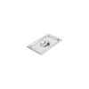 Durable stainless steel solid 1/4 steam pan cover ideal for food protection, heat retention, and commercial kitchen use. Easy to clean. Packed 72 each per case for convenience.
