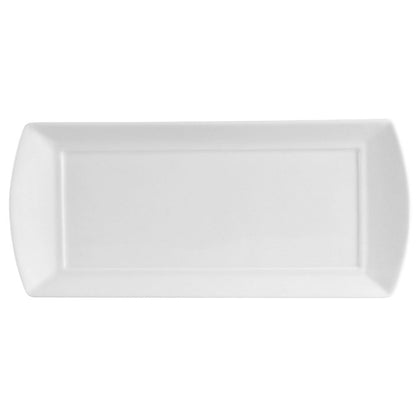 Sleek 13.5-inch rectangular ceramic platter for serving appetizers, main courses, and desserts. Features a modern design with a smooth, glazed finish. Microwave and dishwasher safe. Elegant and durable.