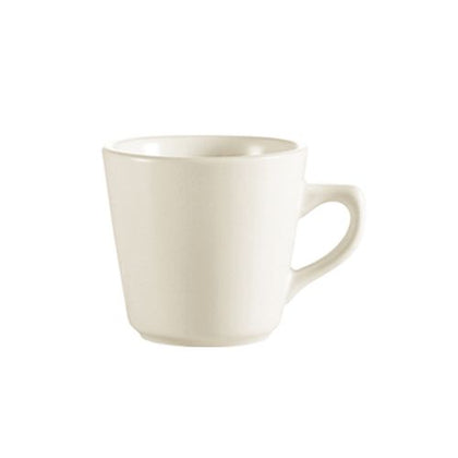 Modern 7oz tall ceramic cup, 3.75 inches high. Perfect for coffee, tea, and espresso. Durable, heat-retaining, microwave, and dishwasher safe with a scratch-resistant glazed finish.