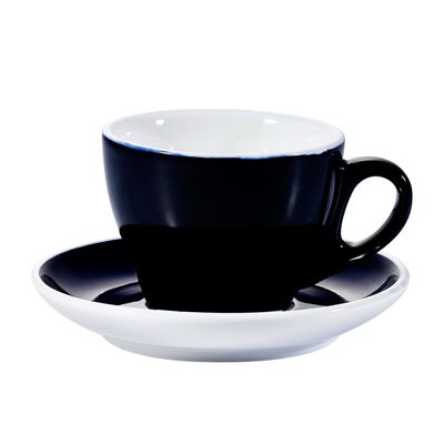 Cobalt blue porcelain cup & saucer set 7.5oz, elegant & durable. Perfect for coffee, tea, or espresso. Microwave & dishwasher safe. Ideal for home, café, or restaurant use. Stylish and timeless design.