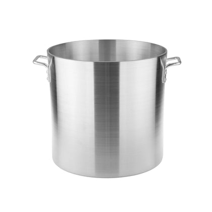 Extra heavy-duty 80QT aluminum stock pot with 6mm thick base, riveted handles, and polished finish – ideal for commercial kitchens and large-batch cooking needs.