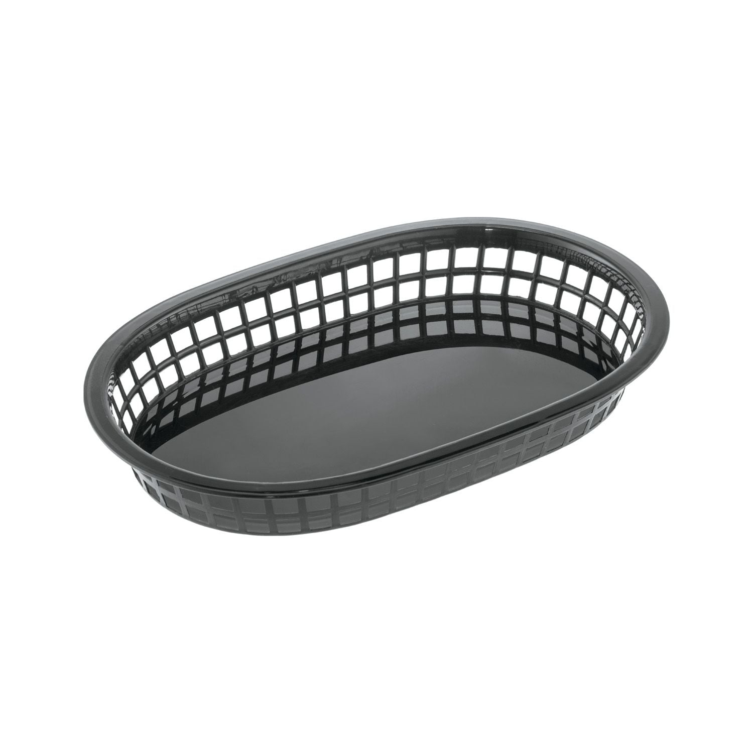 Black oblong fast food basket 10-7/8 inches long made of durable polypropylene; lightweight and easy to clean; ideal for serving fries, sandwiches, and snacks in restaurants, cafes, and food trucks