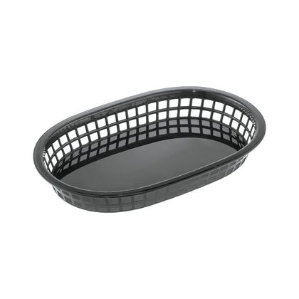 Black oblong fast food basket 10-7/8 inches long made of durable polypropylene; lightweight and easy to clean; ideal for serving fries, sandwiches, and snacks in restaurants, cafes, and food trucks