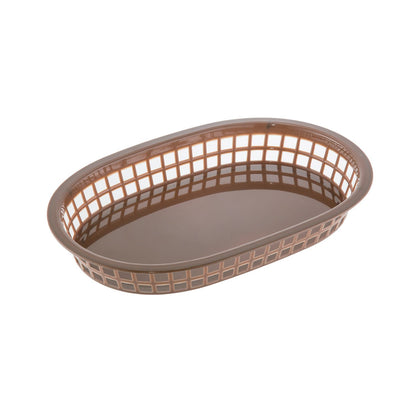Brown oblong fast food basket 10-7/8 inches long made of durable polypropylene; easy to clean and lightweight; ideal for serving fries, sandwiches, and snacks in foodservice establishments