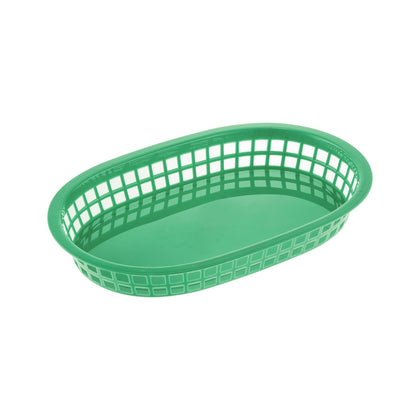 Green oblong fast food basket 10-7/8 inches long made of durable polypropylene; lightweight and easy to clean; ideal for serving fries, sandwiches, and meals in foodservice and restaurant use