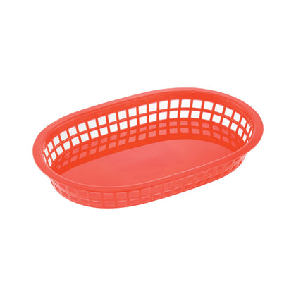 Red fast food basket 10-7/8 inches oblong made from durable polypropylene; ideal for serving burgers and fries; reusable, lightweight, and easy to clean; packed 12 dozen per case