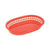 Red fast food basket 10-7/8 inches oblong made from durable polypropylene; ideal for serving burgers and fries; reusable, lightweight, and easy to clean; packed 12 dozen per case