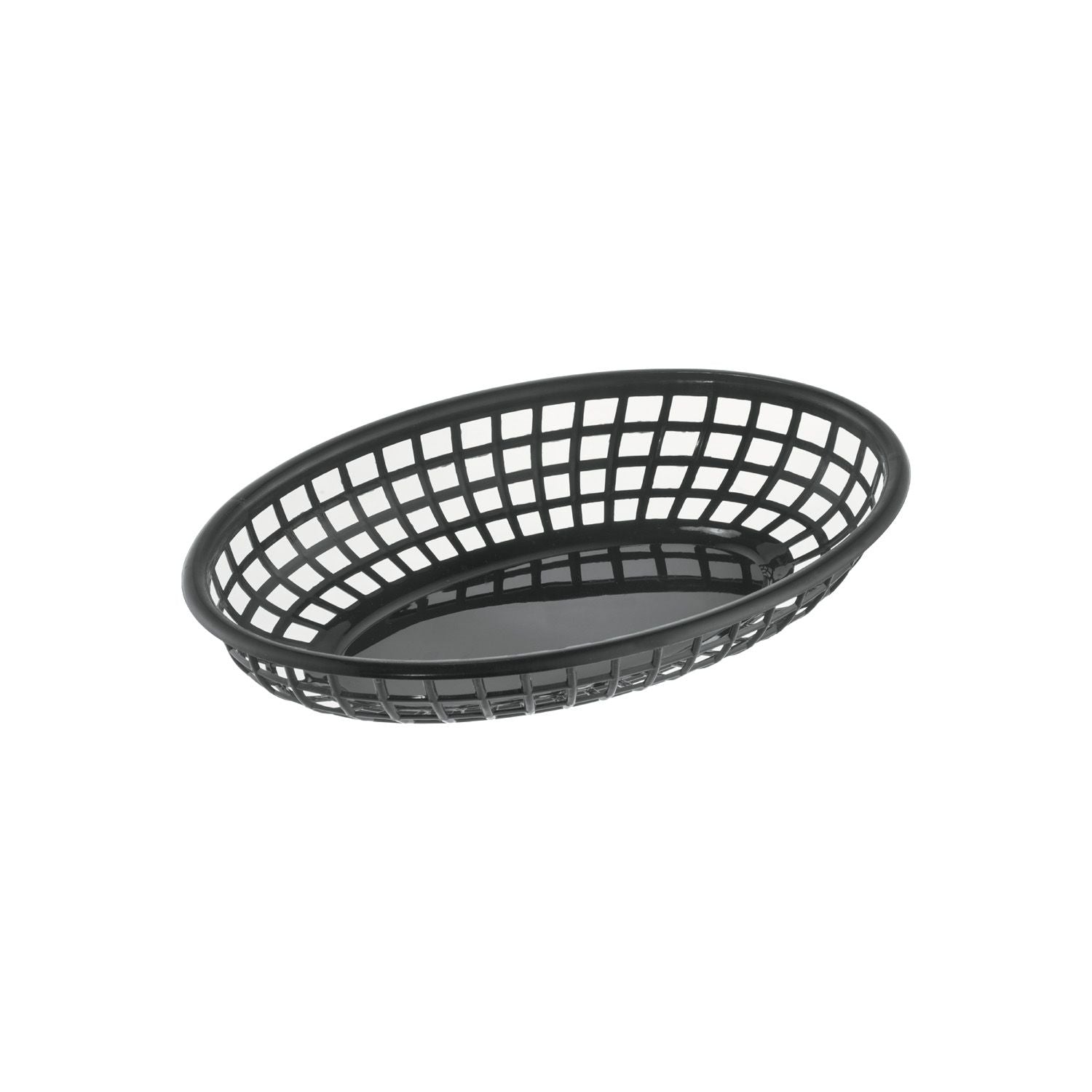 Black oval fast food basket 9-1/4 inches long made of durable polypropylene; lightweight and easy to clean; ideal for serving fries, snacks, and quick-service foods in restaurants and cafes
