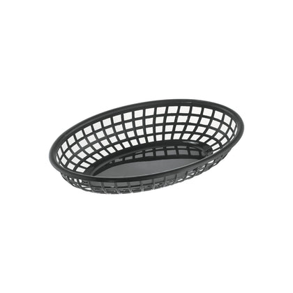 Black oval fast food basket 9-1/4 inches long made of durable polypropylene; lightweight and easy to clean; ideal for serving fries, snacks, and quick-service foods in restaurants and cafes