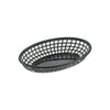 Black oval fast food basket 9-1/4 inches long made of durable polypropylene; lightweight and easy to clean; ideal for serving fries, snacks, and quick-service foods in restaurants and cafes