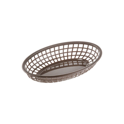 Brown oval fast food basket 9-1/4 inches long made of durable polypropylene; lightweight and easy to clean; ideal for serving fries, snacks, and fast food in restaurants, cafes, and food trucks