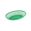 Green oval fast food basket 9-1/4 inches long made of durable polypropylene; lightweight and easy to clean; ideal for serving fries, snacks, and quick food in restaurants, cafes, and food trucks