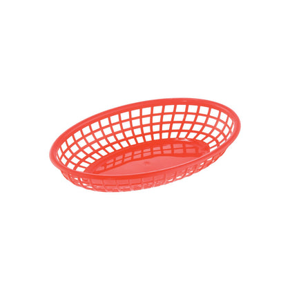 Red oval fast food basket 9-1/4 inches long made of durable polypropylene; lightweight and easy to clean; ideal for serving fries, snacks, sandwiches in restaurants, cafes, and food trucks