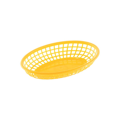 Yellow oval fast food basket 9-1/4 inches long made of durable polypropylene; lightweight and easy to clean; perfect for serving fries, snacks, and quick bites in restaurants, cafes, and food trucks