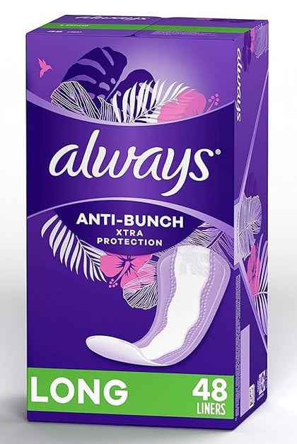 Always Anti-Bunch Xtra Protection Daily Liners, Long Length, Unscented, 48 Count