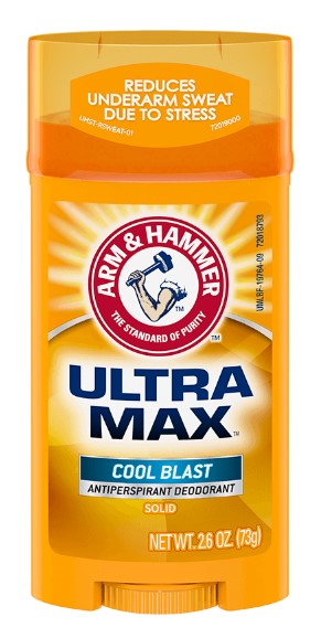 Arm & Hammer Ultra Max Solid Antiperspirant Deodorant, Cool Blast scent, 2.6oz stick for long-lasting odor and sweat protection.