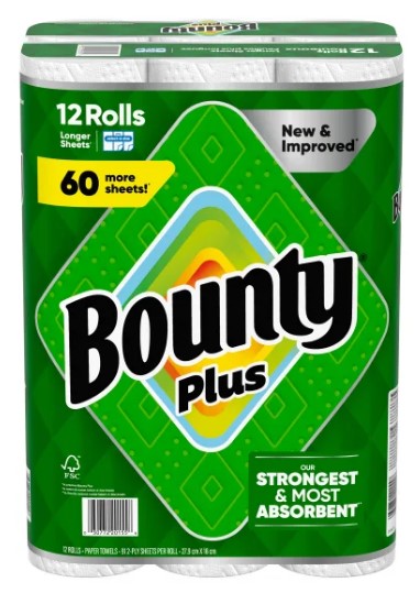 Bounty Plus Paper Towels, 12 rolls with 91 strong absorbent sheets per roll for household cleaning and everyday messes.