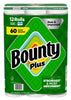 Bounty Plus Paper Towels, 12 rolls with 91 strong absorbent sheets per roll for household cleaning and everyday messes.