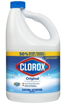 Clorox Bleach, Concentrated, Original, 3.57L bottle for powerful cleaning, whitening, stain removal, and disinfecting household surfaces.