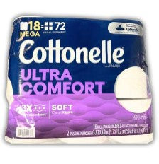Cottonelle Ultra Comfort Mega Roll Bath Tissue, 18-Pack, soft, strong, and absorbent toilet paper for long-lasting use.