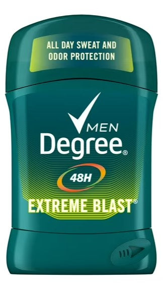 Degree Men Deodorant, Extreme Blast scent, 1.7 oz stick for long-lasting odor protection and freshness.