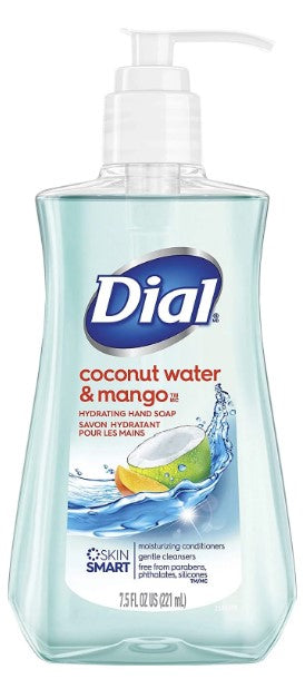 Dial Liquid Hand Soap, Coconut Water & Mango, 7 fl oz (207 ml) pump bottle for gentle cleansing and refreshing tropical scent.