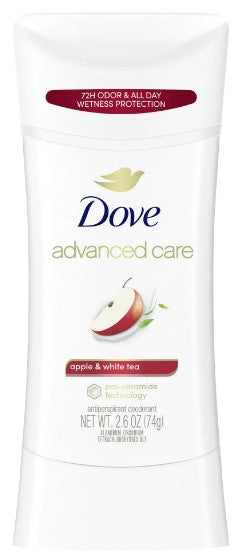 Dove Advanced Care Antiperspirant Deodorant, Apple & White Tea, 2.6 oz (74 g) stick for 48-hour sweat and odor protection.
