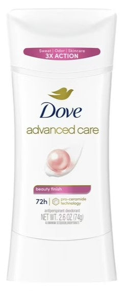 Dove Advanced Care Antiperspirant Deodorant, Beauty Finish, 2.6 oz (74 g) stick for 48-hour sweat and odor protection.