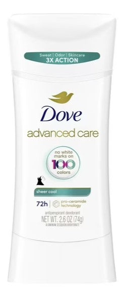 Dove Advanced Care Antiperspirant Deodorant, Invisible Sheer Cool, 2.6 oz (74 g) stick for 48-hour sweat and odor protection.