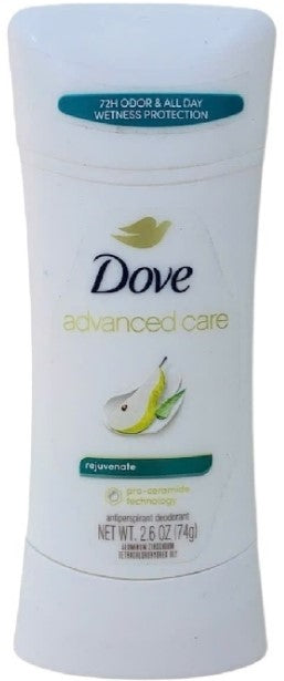 Dove Advanced Care Antiperspirant Deodorant, Rejuvenate scent, 2.6 oz stick for 48-hour odor and sweat protection.