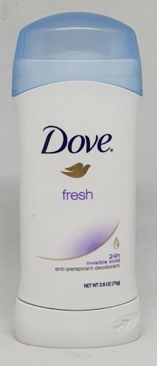 Dove Invisible Solid Antiperspirant Deodorant, Fresh, 2.6 oz (74 g) stick for 48-hour sweat and odor protection with soft underarm care.