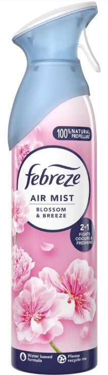 Febreze Blossom Breeze air freshener, 185ml spray bottle for long-lasting floral fragrance and odor elimination.